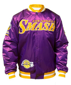 Lakers Los Angeles Smash Mens Purple Varsity Jacket - Mens Purple Varsity Jacket - Front VIew
