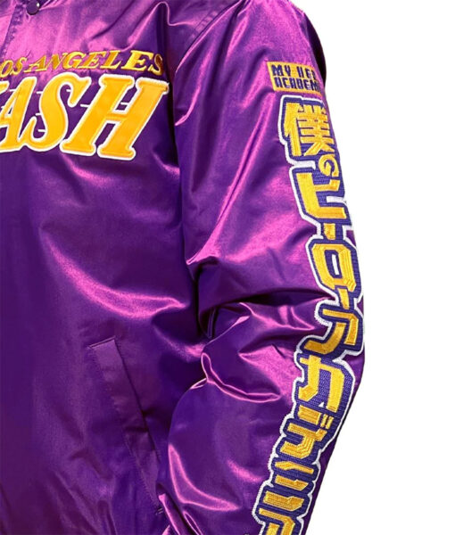 Lakers Los Angeles Smash Mens Purple Varsity Jacket - Mens Purple Varsity Jacket - Sleeves VIew