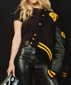 Lindsay Brewer Womens Black Leather Varsity Jacket - Womens Black Leather Varsity Jacket - Front View4