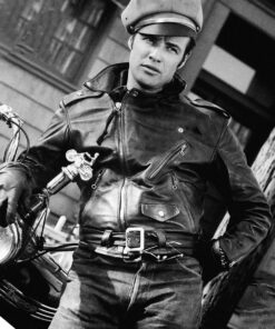 Marlon Brando The Wild One Johnny Mens Black Leather Jacket - Mens Black Leather Jacket - Front VIew