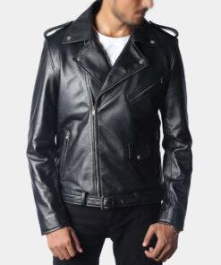 Marlon Brando The Wild One Johnny Mens Black Leather Jacket - Mens Black Leather Jacket - Front VIew4