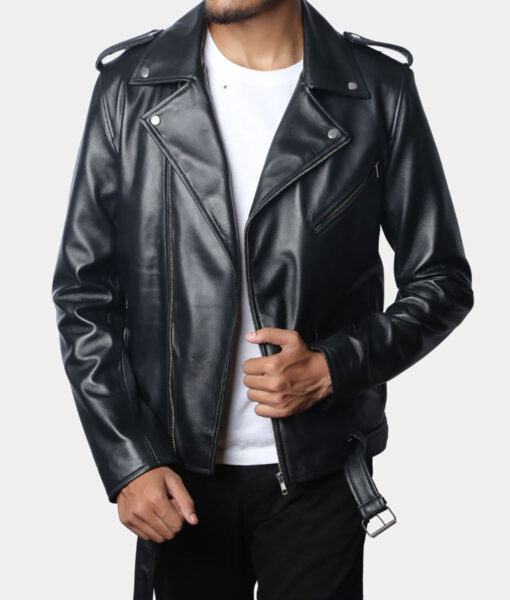 Marlon Brando The Wild One Johnny Mens Black Leather Jacket - Mens Black Leather Jacket - Front VIew2