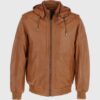 Michael Mens Tan Bomber Hooded Leather Jacket - Front View