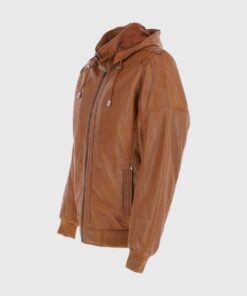 Michael Mens Tan Bomber Hooded Leather Jacket - Left Side view