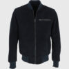 Noah Mens Navy Blue Bomber Suede Leather Jacket - Front View