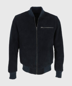 Noah Mens Navy Blue Bomber Suede Leather Jacket - Front View