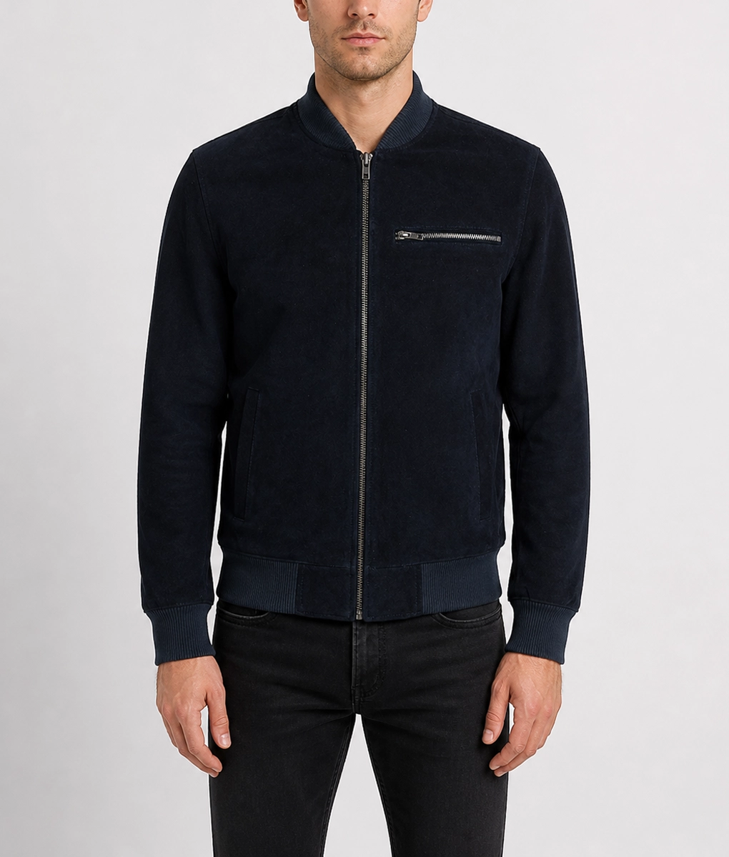 Noah Mens Navy Blue Bomber Suede Leather Jacket-Front