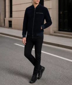 Noah Mens Navy Blue Bomber Suede Leather Jacket-Side