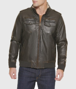 Paul Mens Dark Brown Bomber Leather Jacket - Front View