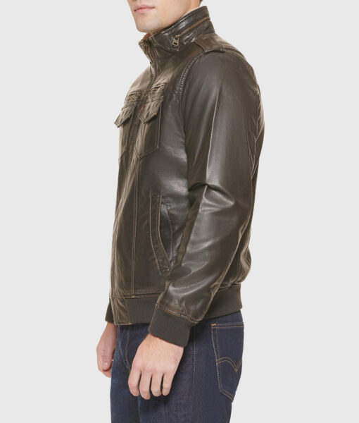 Paul Mens Dark Brown Bomber Leather Jacket - Side View