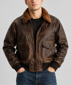 Paul Men's Distressed Brown G-1 Bomber Leather Jacket-Front