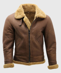 Randy Brown B-3 Bomber Aviator Leather Jacket with Faux Fur - Front View