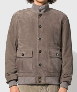 Ray Mens Grey Bomber Suede Jacket - Front View2