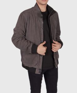 Ray Mens Grey Bomber Suede Jacket - Front View