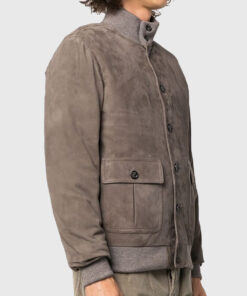 Ray Mens Grey Bomber Suede Jacket - Side View