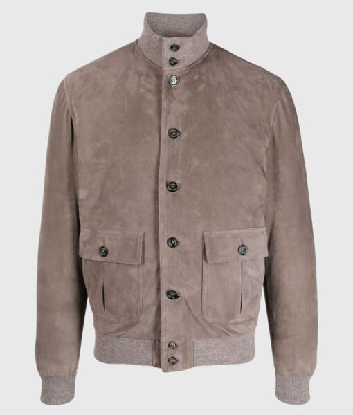 Ray Mens Grey Bomber Suede Jacket - Front View