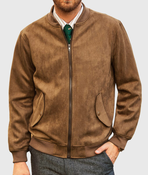 Reginald Mens Brown Bomber Suede Leather Jacket - Front View