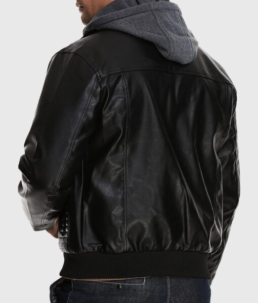 Rommy Black Hooded Leather Bomber Jacket - Back View