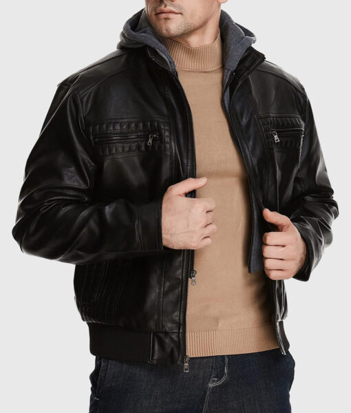 Rommy Black Hooded Leather Bomber Jacket - Front Open View