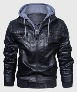 Rommy Black Hooded Leather Bomber Jacket - Front View