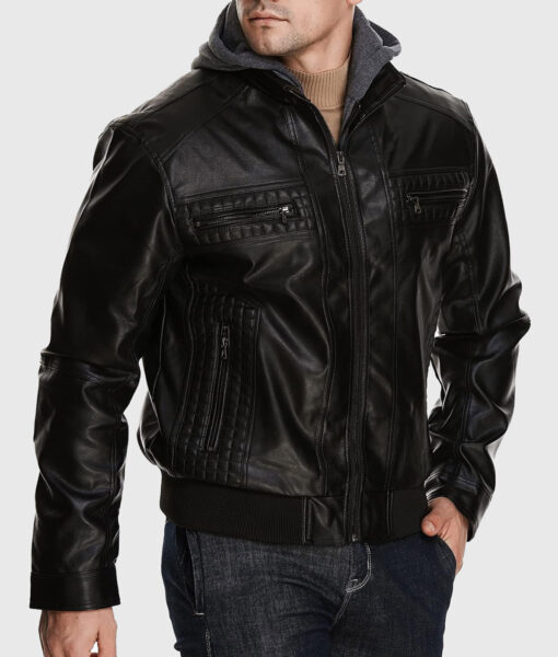 Rommy Black Hooded Leather Bomber Jacket - Side View