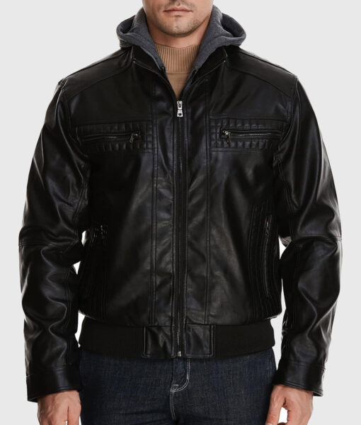 Rommy Black Hooded Leather Bomber Jacket - Front Close View