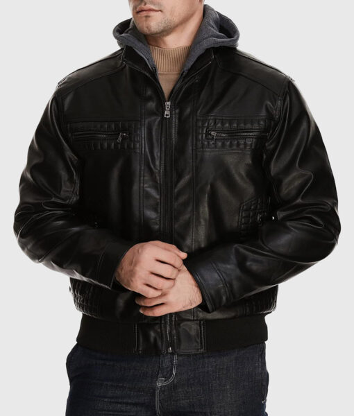 Rommy Black Hooded Leather Bomber Jacket - Front Cuffs View