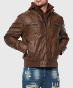 Rommy Brown Hooded Leather Bomber Jacket - Front Close View