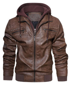Rommy Brown Hooded Leather Bomber Jacket - Front View