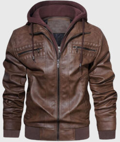 Rommy Brown Hooded Leather Bomber Jacket