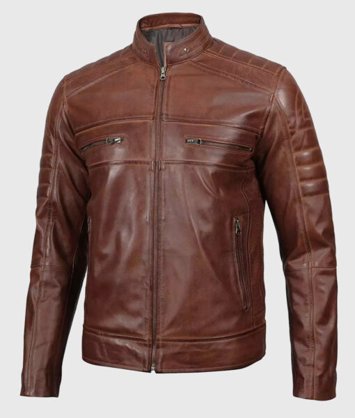 Ronny Brown Moto Cafe Racer Biker Leather Jacket - Front VIew