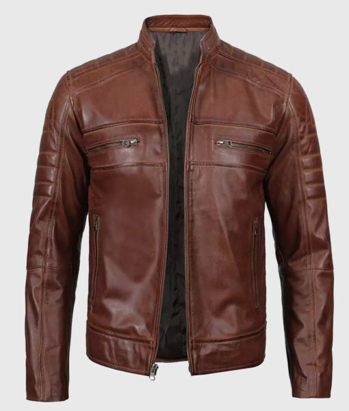 Ronny Brown Moto Cafe Racer Biker Leather Jacket - Front VIew2