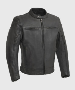 Rony Black Moto Cafe Racer Biker Leather Jacket - Front View