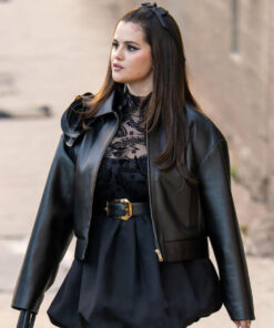 Selena Gomez Womens Black Leather Jacket - Womens Black Leather Jacket - Front View4