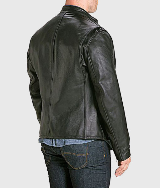Shot Black Moto Cafe Racer Biker Leather Jacket - Front Back View