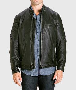 Shot Black Moto Cafe Racer Biker Leather Jacket