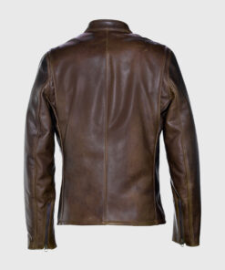 Shot Brown Moto Cafe Racer Biker Leather Jacket - Back View