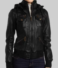 Susan Womens Black Bomber Hooded Leather Jacket-Front View