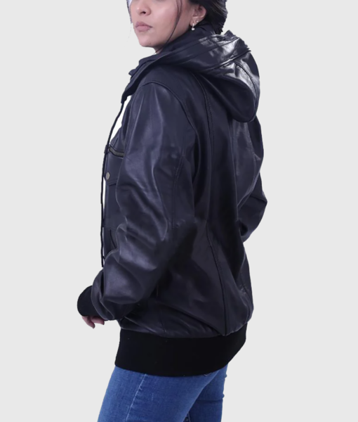 Susan Womens Black Bomber Hooded Leather Jacket - Side View 2