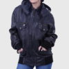 Susan Womens Black Bomber Hooded Leather Jacket - Front View