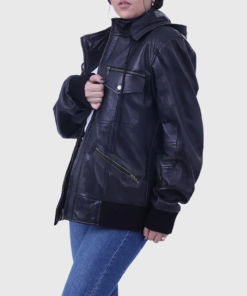 Susan Womens Black Bomber Hooded Leather Jacket - Side View