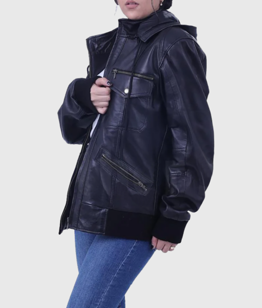 Susan Womens Black Bomber Hooded Leather Jacket - Side View