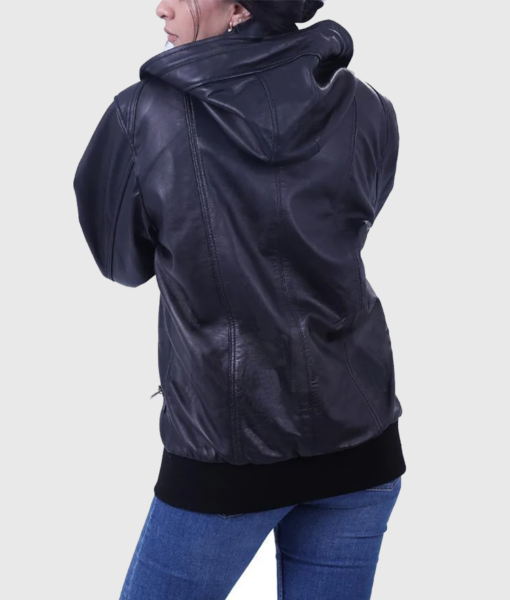 Susan Womens Black Bomber Hooded Leather Jacket - Back View