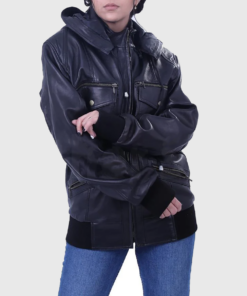 Susan Womens Black Bomber Hooded Leather Jacket - Front View 2