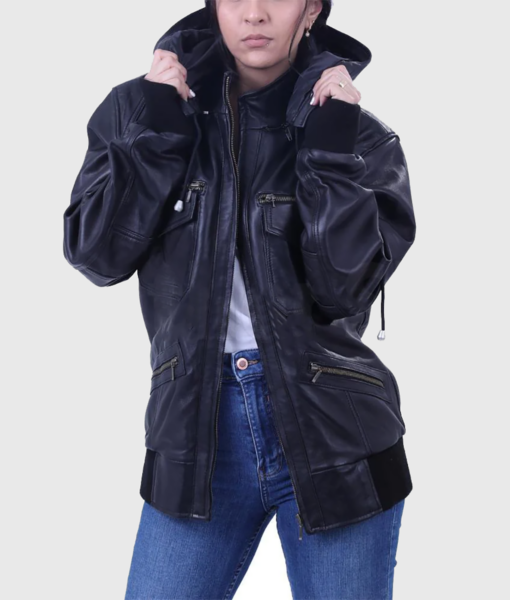 Susan Womens Black Bomber Hooded Leather Jacket - Front Open View