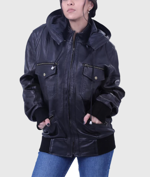 Susan Womens Black Bomber Hooded Leather Jacket - Front View