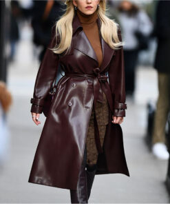 Sydney Sweeney Womens Maroon Leather Coat - Womens Maroon Leather Coat - Front VIew2