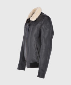 Ted Mens Black Bomber Leather Jacket - Left Side View