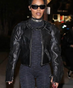 Teyana Taylor Womens Black Leather Cropped Jacket - Womens Black Leather Cropped Jacket - Front View2