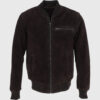 Trevor Mens Dark Brown Bomber Suede Leather Jacket - Front View